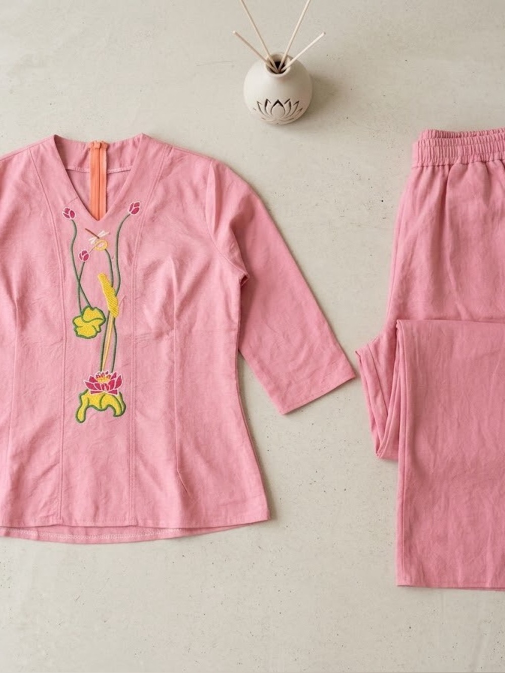 Elegant‎ Pink Lotus Embroidered Two-Piece Set